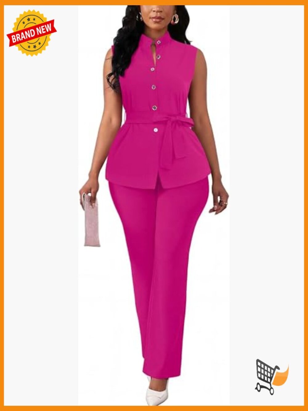 Women's 2 Piece Sleeveless Button Down Shirt & Flare Pant Suit Set Dressy